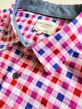 CON.STRUCT Men's XL Slim Fit 4-Way Stretch Gingham Plaid Dress Shirt Pink Blue